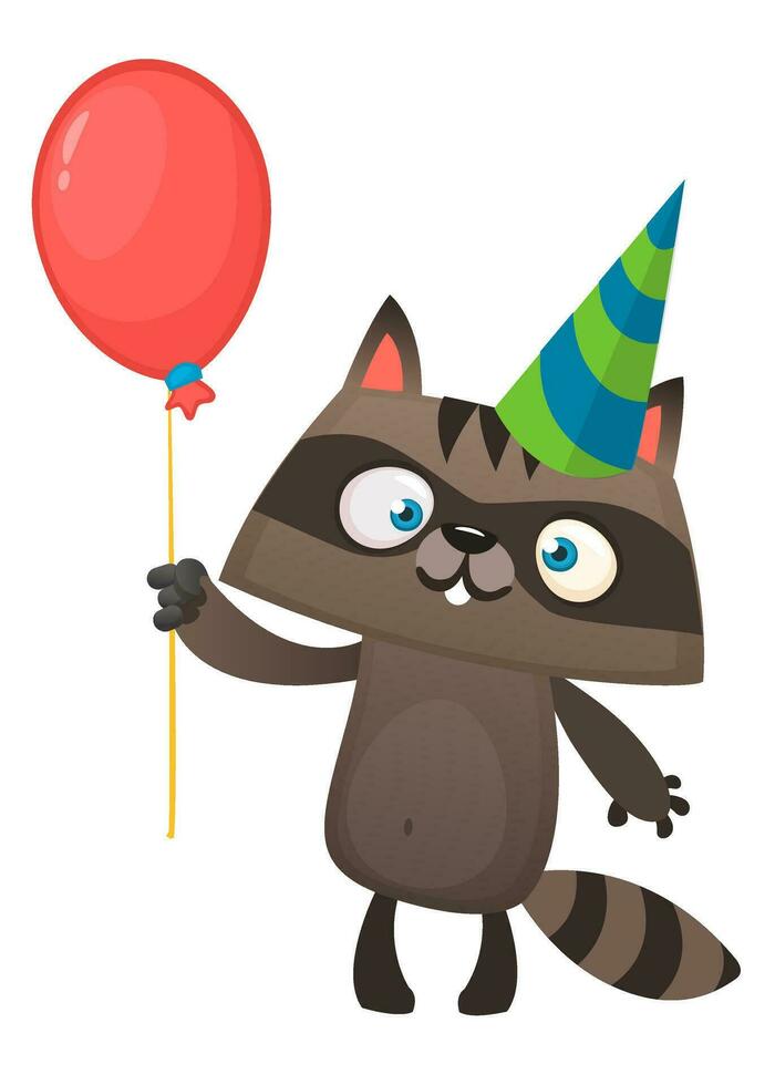 divertente cartone animato procione Tenere rosso Palloncino indossare compleanno festa cappello. vettore illustrazione per compleanno cartolina. design per Stampa o cartolina