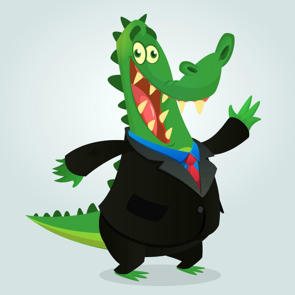 carino cartone animato coccodrillo, alligatore o dinosauro indossare nero uomo d'affari completo da uomo. vettore