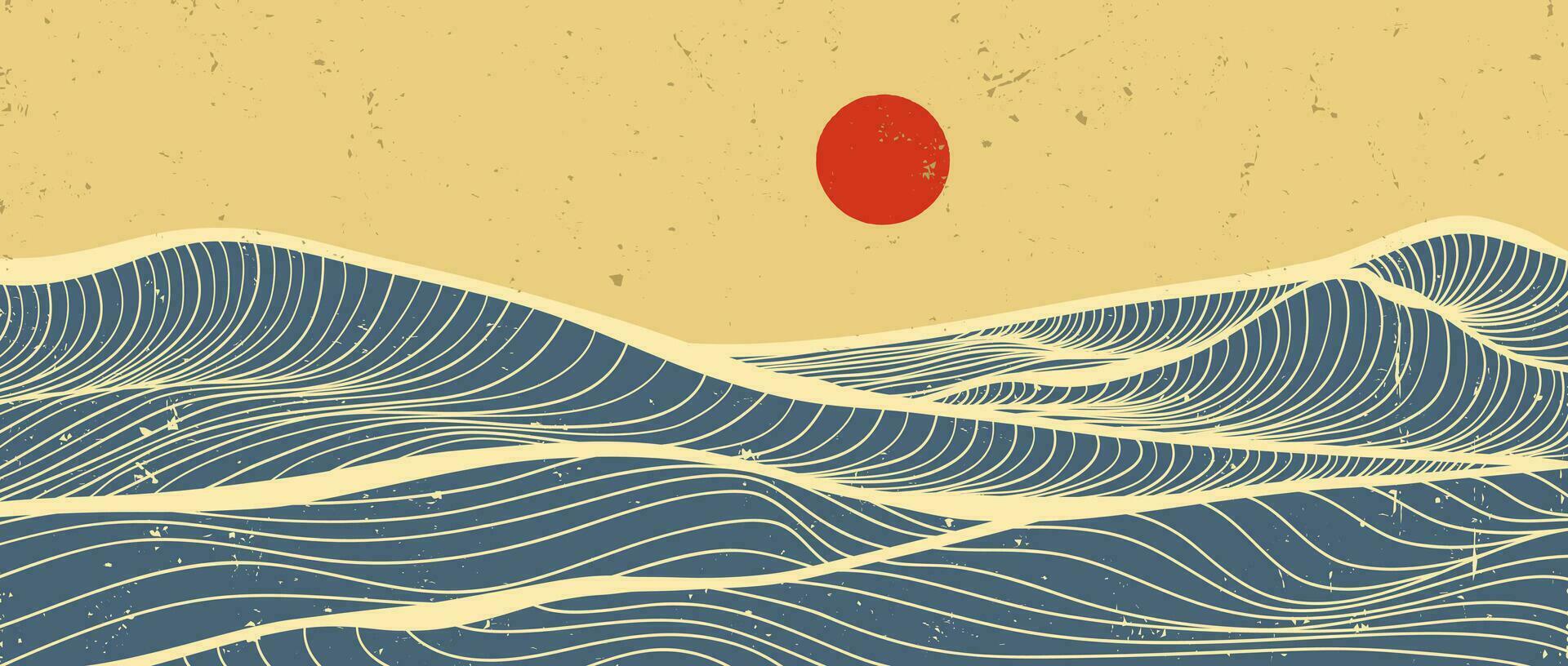 oceano onda paesaggio illustrazione. creativo minimalista moderno linea arte modello. astratto contemporaneo estetico sfondi paesaggi. con oceano, mare, orizzonte, onda e tramonto vettore