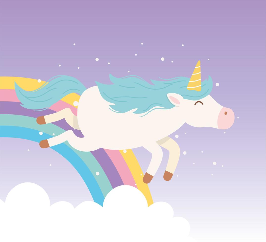 unicorno volante arcobaleno nuvole magica fantasia cartone animato animale carino vettore