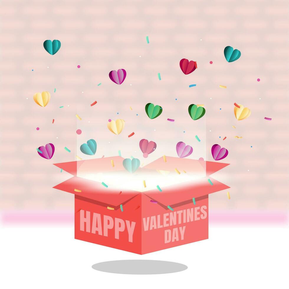 Aperto regalo scatola con isolato cuori nel bianca. volante cuore con coriandoli. per contento Da donna, di madre, San Valentino giorno, compleanno saluto carta design. vettore