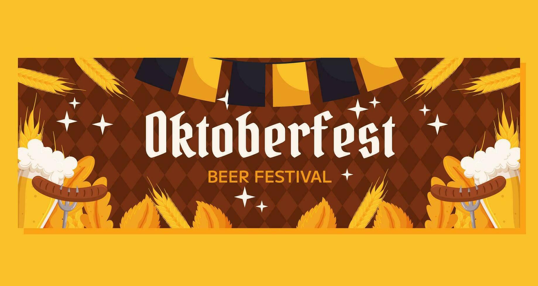 oktoberfest Tedesco birra Festival orizzontale bandiera modello. design con bicchiere di birra, forchette con grigliato salsiccia, Grano e foglie, nero e giallo ghirlanda. rombo modello su indietro vettore