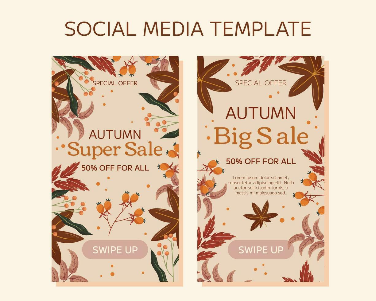 autunno super vendita verticale sociale media storie modello design. telaio con acero foglia e arancia bacca, rosso e Marrone le foglie ramo, copia spazio. marketing bandiera con un' sconto vettore