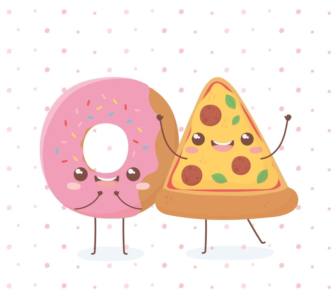 ciambella e pizza kawaii food design personaggio dei cartoni animati vettore