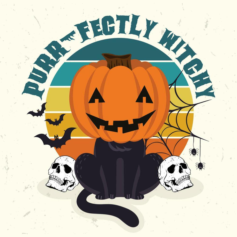 Halloween illustrazione con nero zucca testa gatto e amici vettore