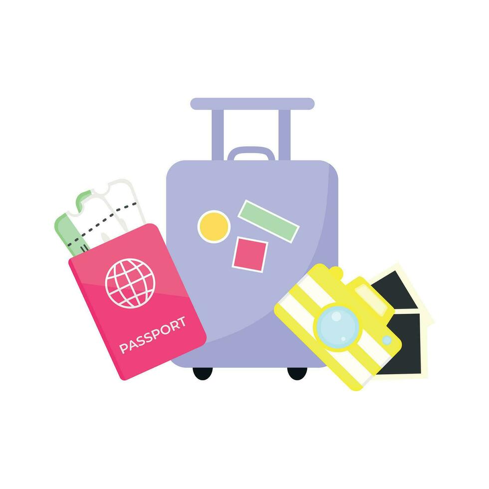 vacanza impostare. valigia con passaporto, Biglietti e telecamera vettore