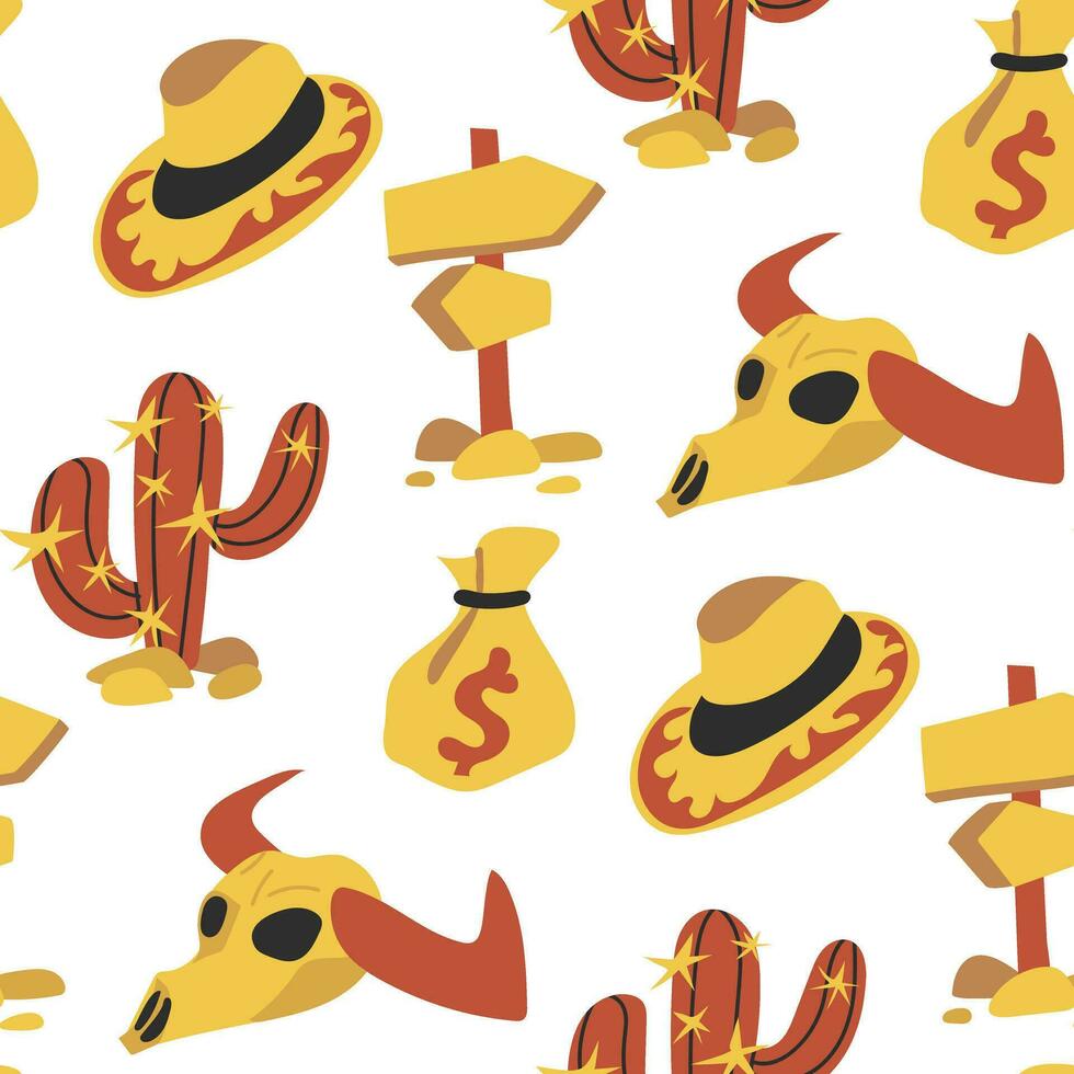 cowboy senza soluzione di continuità modello con cappelli, Toro cranio, direzione, i soldi e cactus. vettore piatto grafica. occidentale confezione nel occhiali da sole di rosso e giallo. stampa su tessile e carta