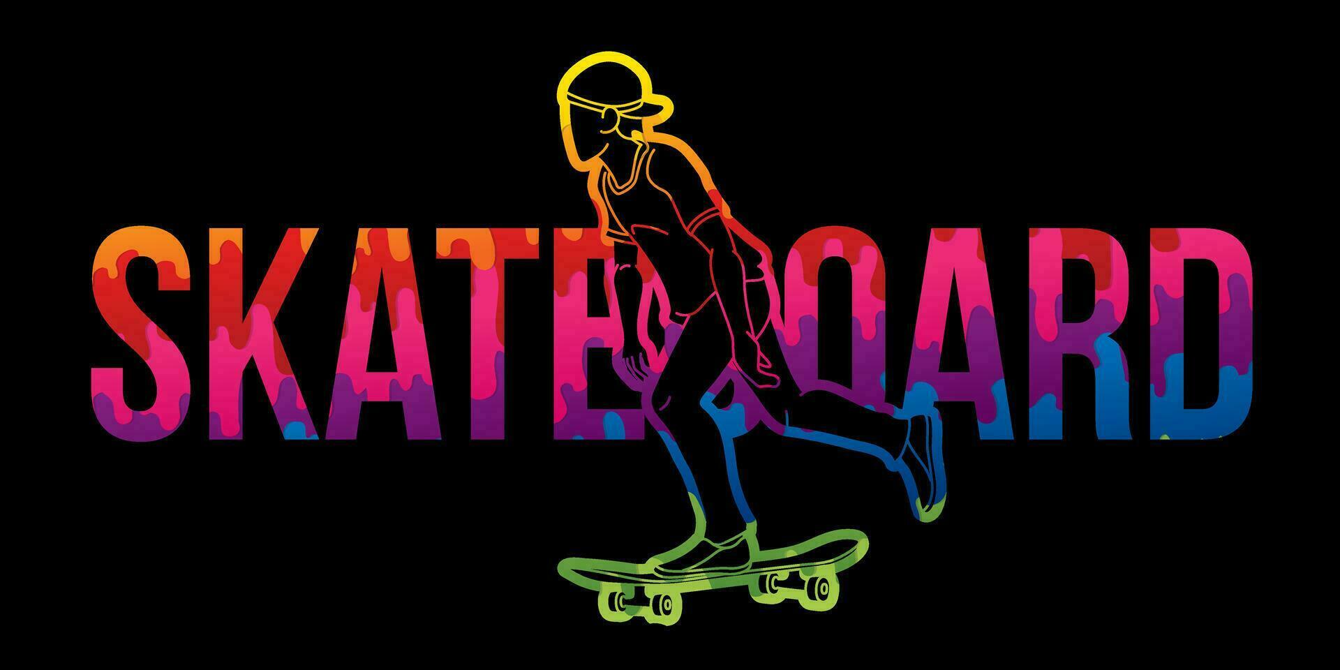 skateboard testo progettato con skateboarder azione estremo sport grafico vettore