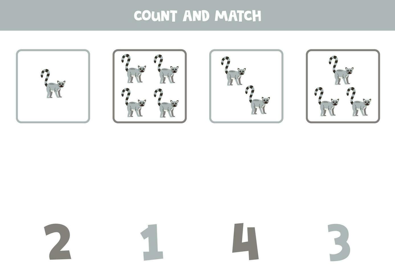 conteggio gioco per bambini. contare tutti lemuri e incontro con numeri. foglio di lavoro per bambini. vettore