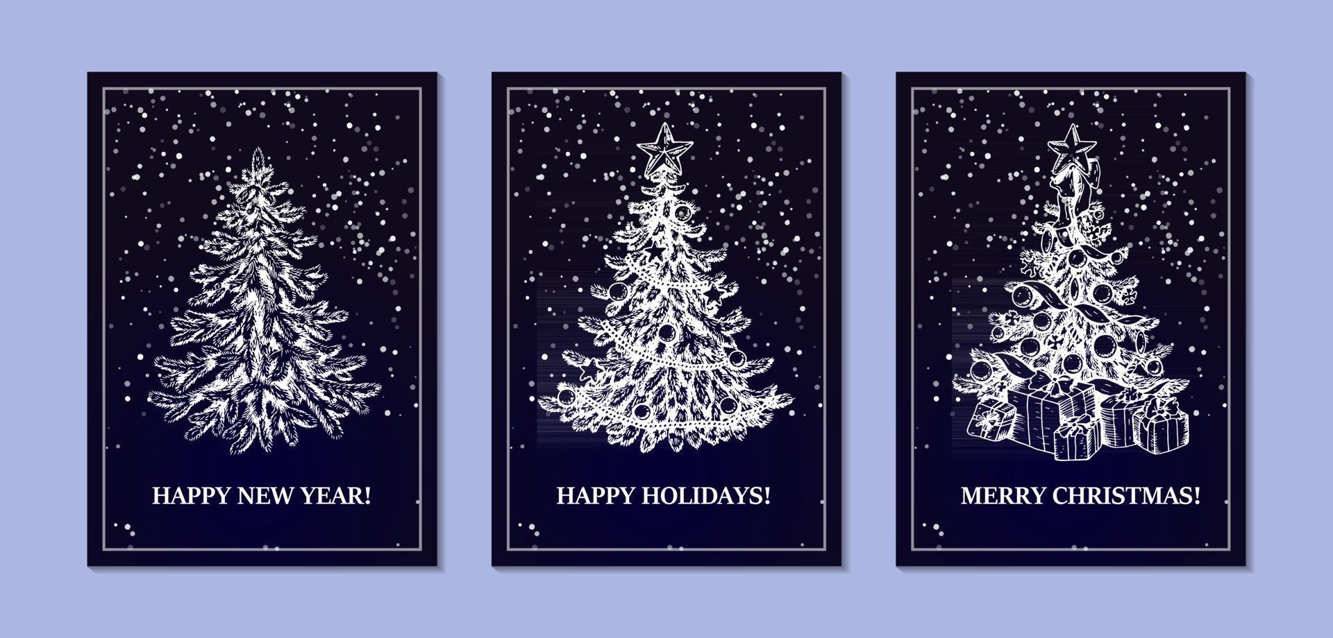 set di disegni di buon natale e felice anno nuovo con albero di natale disegnato a mano e neve su sfondo blu scuro. illustrazione vettoriale