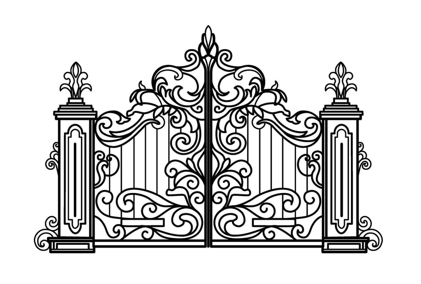 metallo cancello schizzo. vettore illustrazione di decorativo forgiatura di un' due porte giardino cancello.