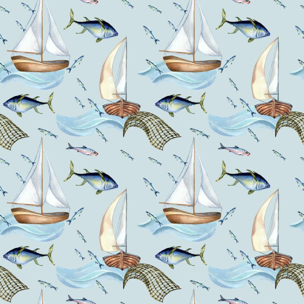 senza soluzione di continuità modello di mare pesce e vela barca acquerello illustrazione isolato su blu. pesca barca, mare onda e tonno, mano disegnato. design elemento per tessile, confezione, avvolgere, sfondo, mercato vettore