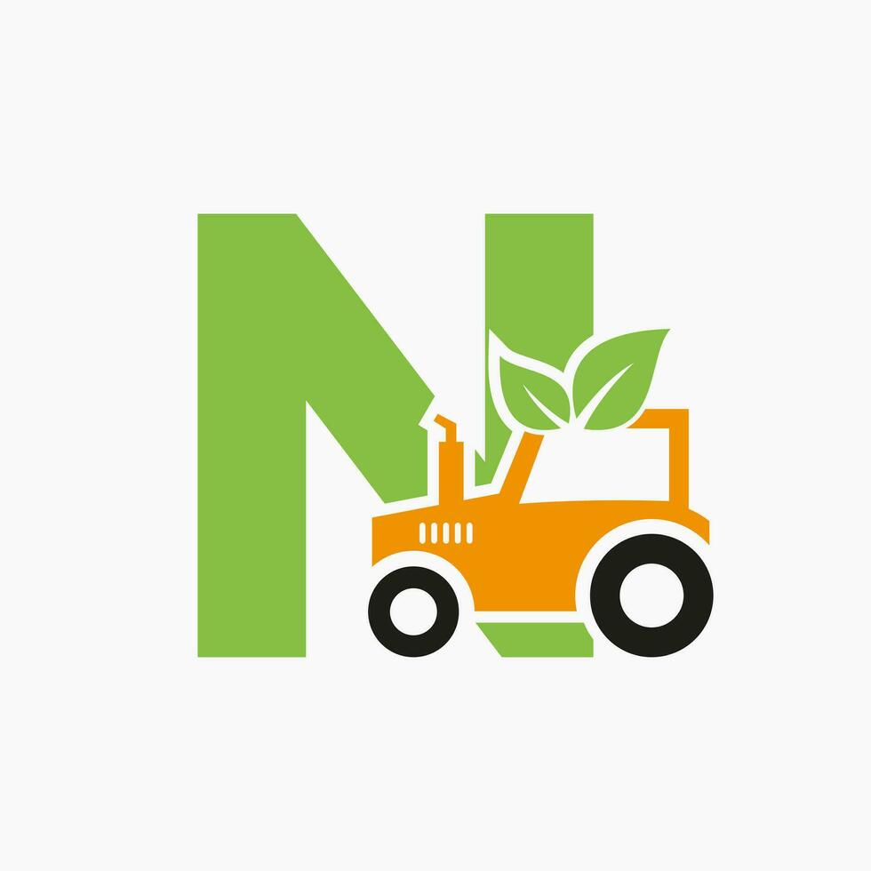 lettera n agricoltura logo concetto con trattore icona vettore modello. eco azienda agricola simbolo