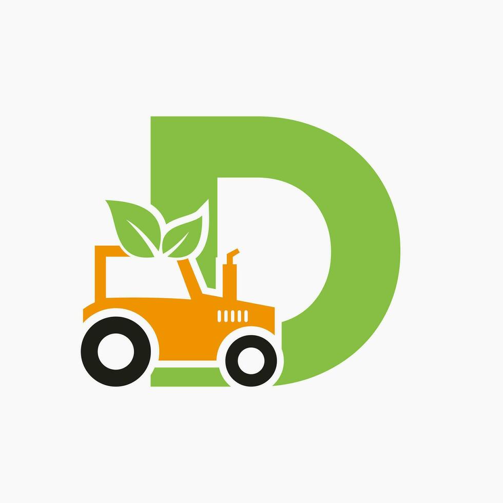 lettera d agricoltura logo concetto con trattore icona vettore modello. eco azienda agricola simbolo