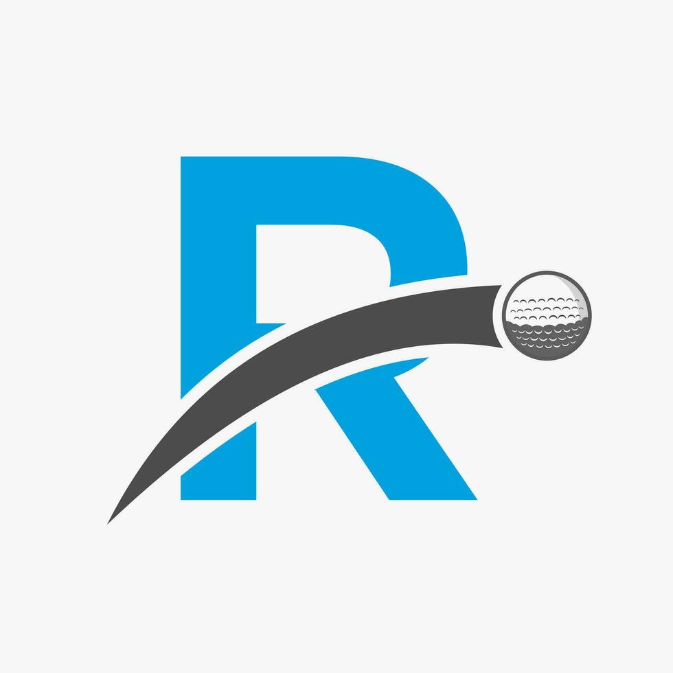 golf logo su lettera r concetto con in movimento golf palla icona. hockey sport logotipo simbolo vettore