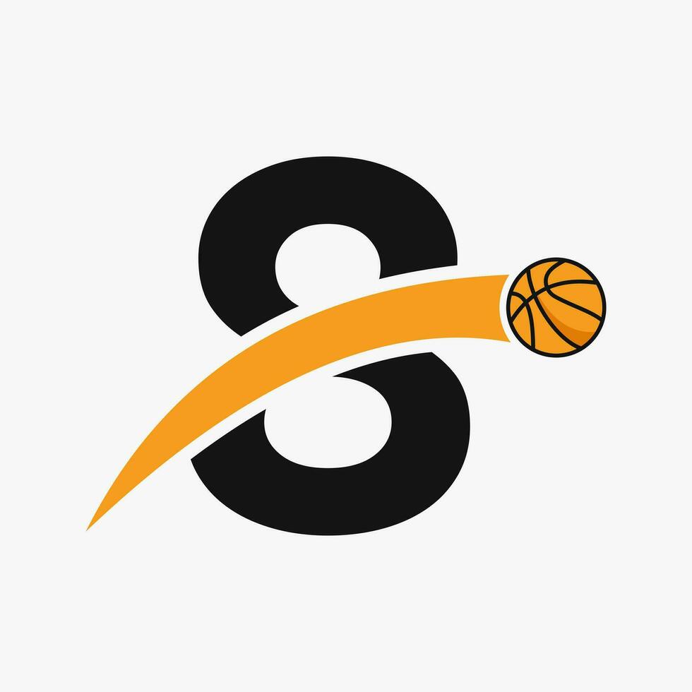 pallacanestro logo su lettera 8 con in movimento pallacanestro icona. cestino palla logotipo simbolo vettore