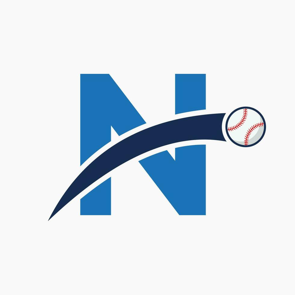 baseball logo su lettera n con in movimento baseball icona. baseball logotipo modello vettore