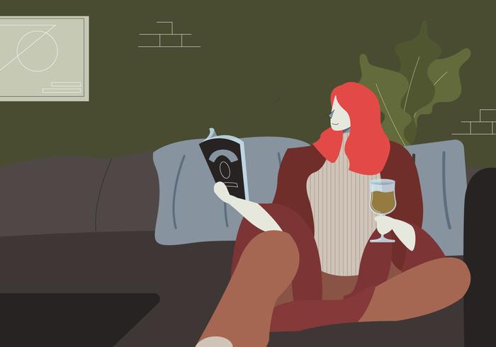 Woman Reading A Book In Cozy Living Room Vector Illustration