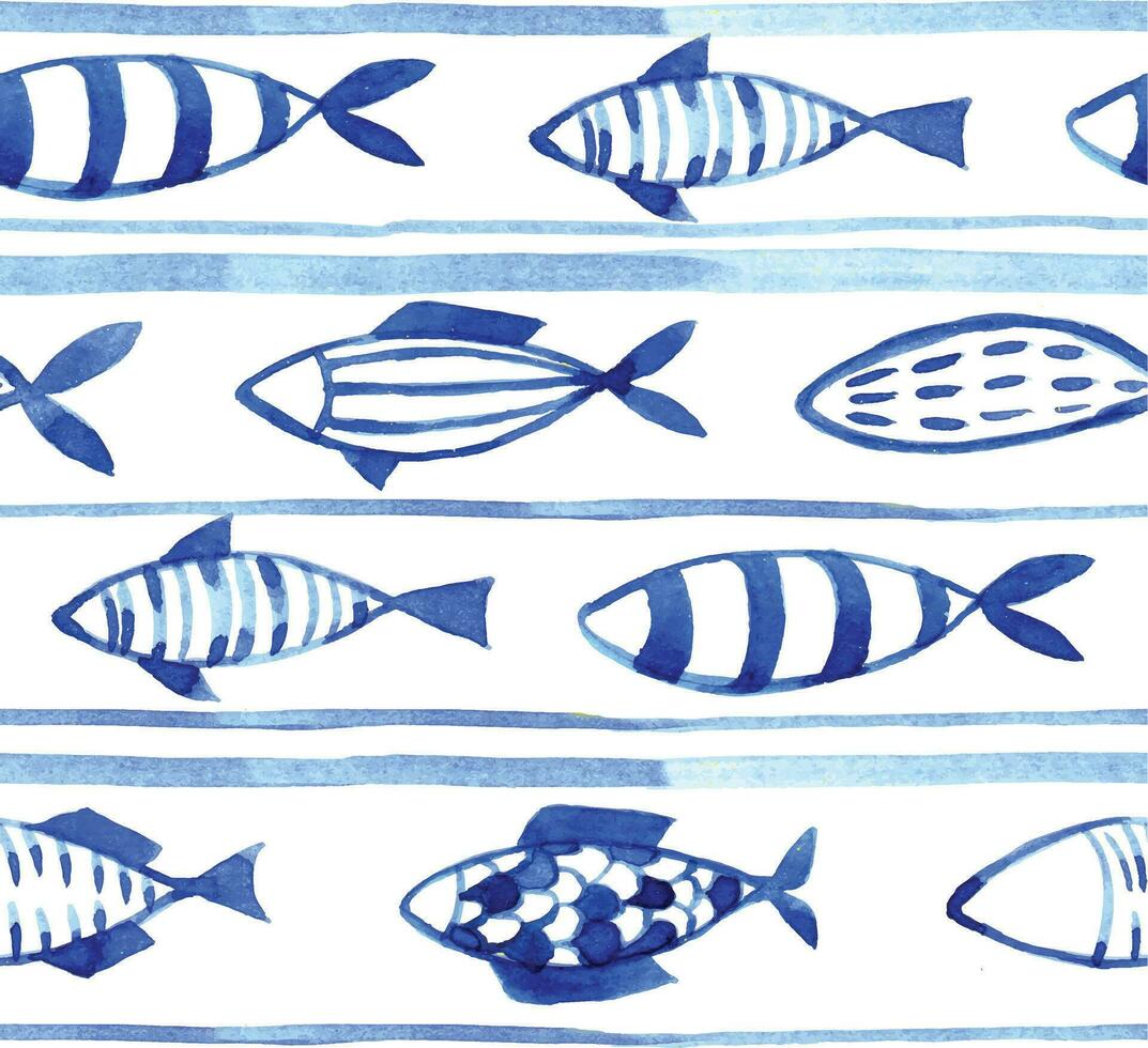 acquerello senza soluzione di continuità modello con pesce. figli di semplice disegno blu pesce su un' bianca sfondo. scarabocchio vettore