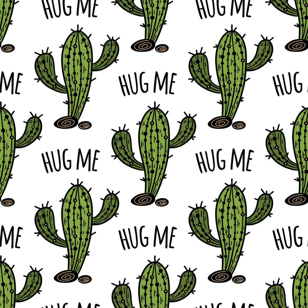 saguaro cactus senza soluzione di continuità vettore modello. verde deserto pianta con pietre. abbraccio me, carino spinoso succulento. luminosa mano disegnato illustrazione. piatto cartone animato sfondo per sfondo, tessuto, confezione, ragnatela