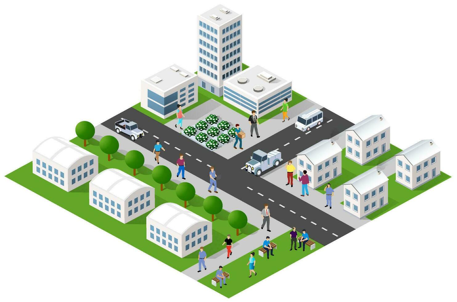 il città stile di vita scena su urbano temi con case, macchine, le persone, alberi e parchi. concetto isometrico 3d illustrazioni vettore per disegno, Giochi, ragnatela