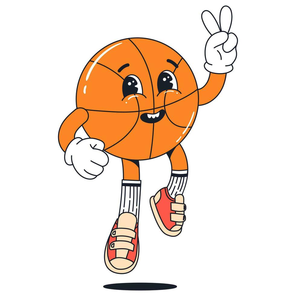 isolato Groovy personaggio salto arancia pallacanestro nel guanti nel piatto retrò classico cartone animato stile di 60s 70s su bianca sfondo. illustrazione per il tuo disegno, Stampa, carta, manifesto, adesivi vettore