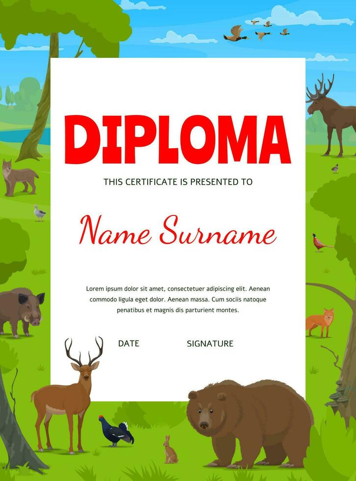 cacciatore o conservatore diploma, foresta animali vettore