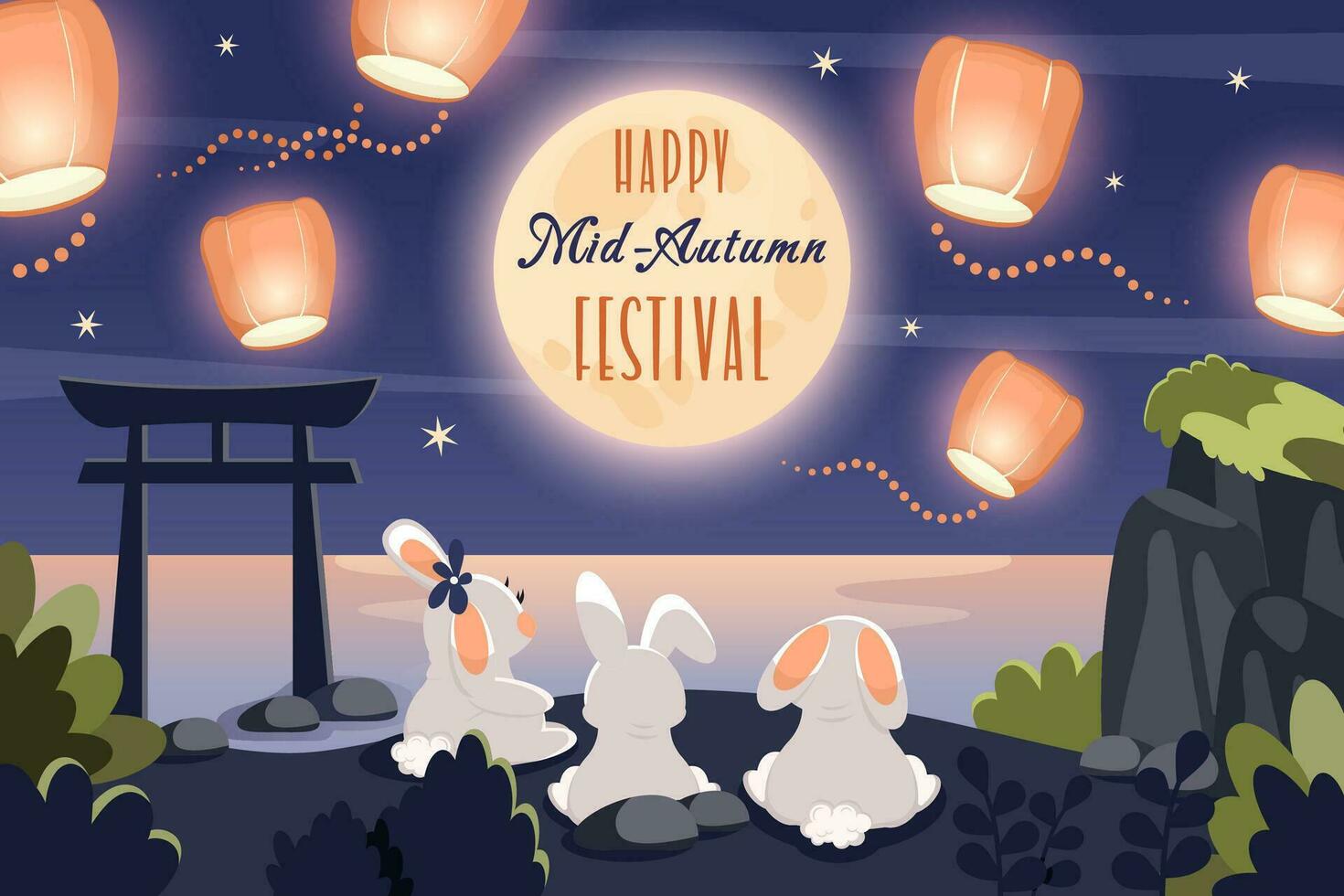 contento metà autunno Festival. carino conigli guardare a Luna e Cinese lanterne. saluto carta con testo per mooncake Festival, Cinese, coreano, asiatico tradizionale vacanza. vettore cartone animato illustrazione.