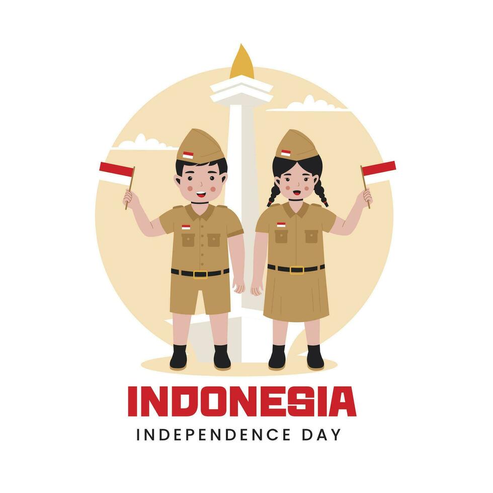 illustrazione di bambini Tenere un' bandiera e celebrare Indonesia indipendenza giorno vettore