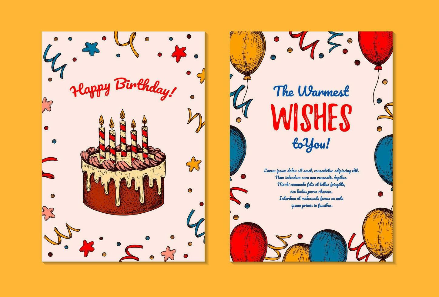 Due lati compleanno verticale saluto carta. design con mano disegnato elementi. celebrazione invito modello. vettore illustrazione nel schizzo stile. festivo bambini colorato manifesto