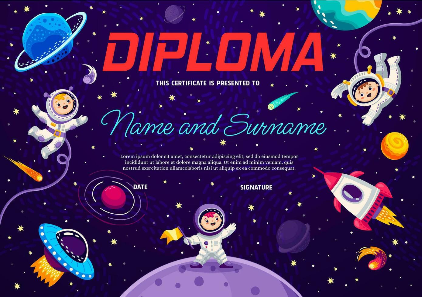 bambini astronauta diploma, cartone animato astronauti, razzo vettore