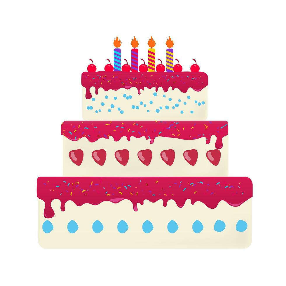grande tre piani fragola torta con ciliegie e candele su superiore, isolato su bianca sfondo. vettore illustrazione. eps 10.
