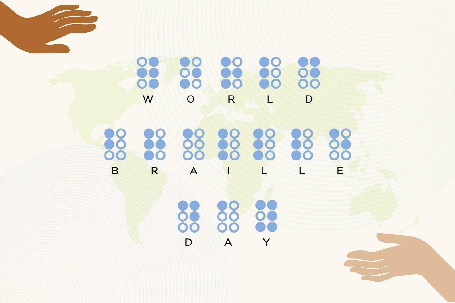 mondo braille giorno saluti bandiera con carta geografica di terra e Due mani. vettore illustrazione. eps 10.
