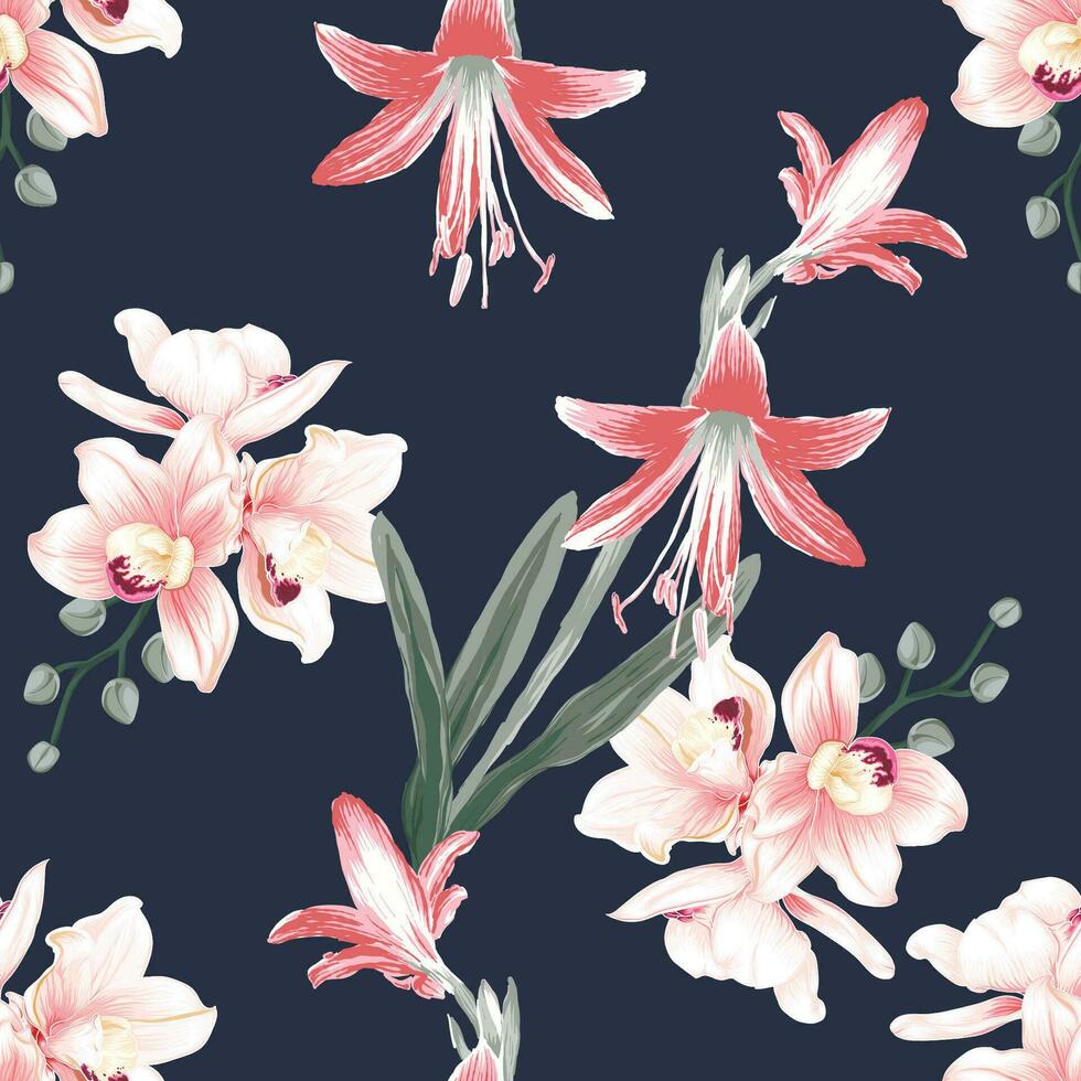 senza soluzione di continuità floreale modello rosa orchidea e giglio fiori astratto sfondo.vettore illustrazione acquerello mano disegno.per tessuto Stampa design struttura vettore