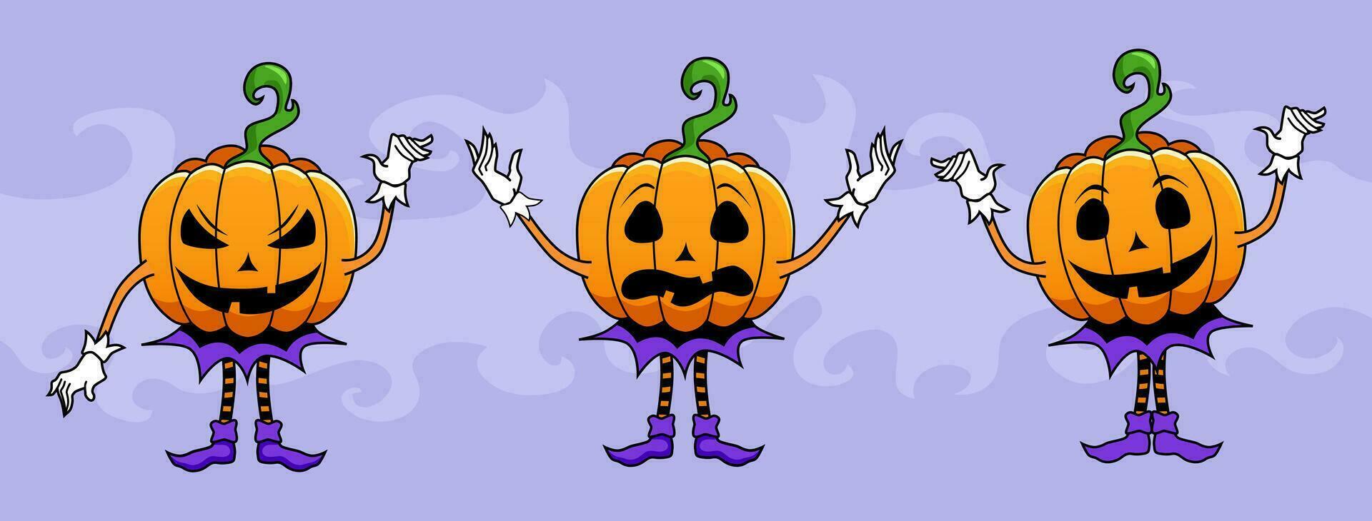 tre zucca Jack o lanterna personaggi per Halloween celebrazione striscioni, cartoline, manifesti, ragnatela decorazioni, tre personaggi con facce, mani e gambe, vettore adesivi con Halloween zucca.