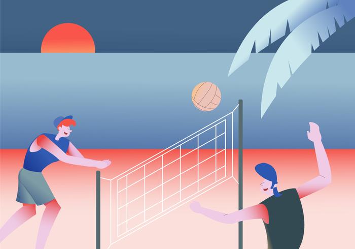 People Playing Volleyball At Beach Vector Flat Illustration