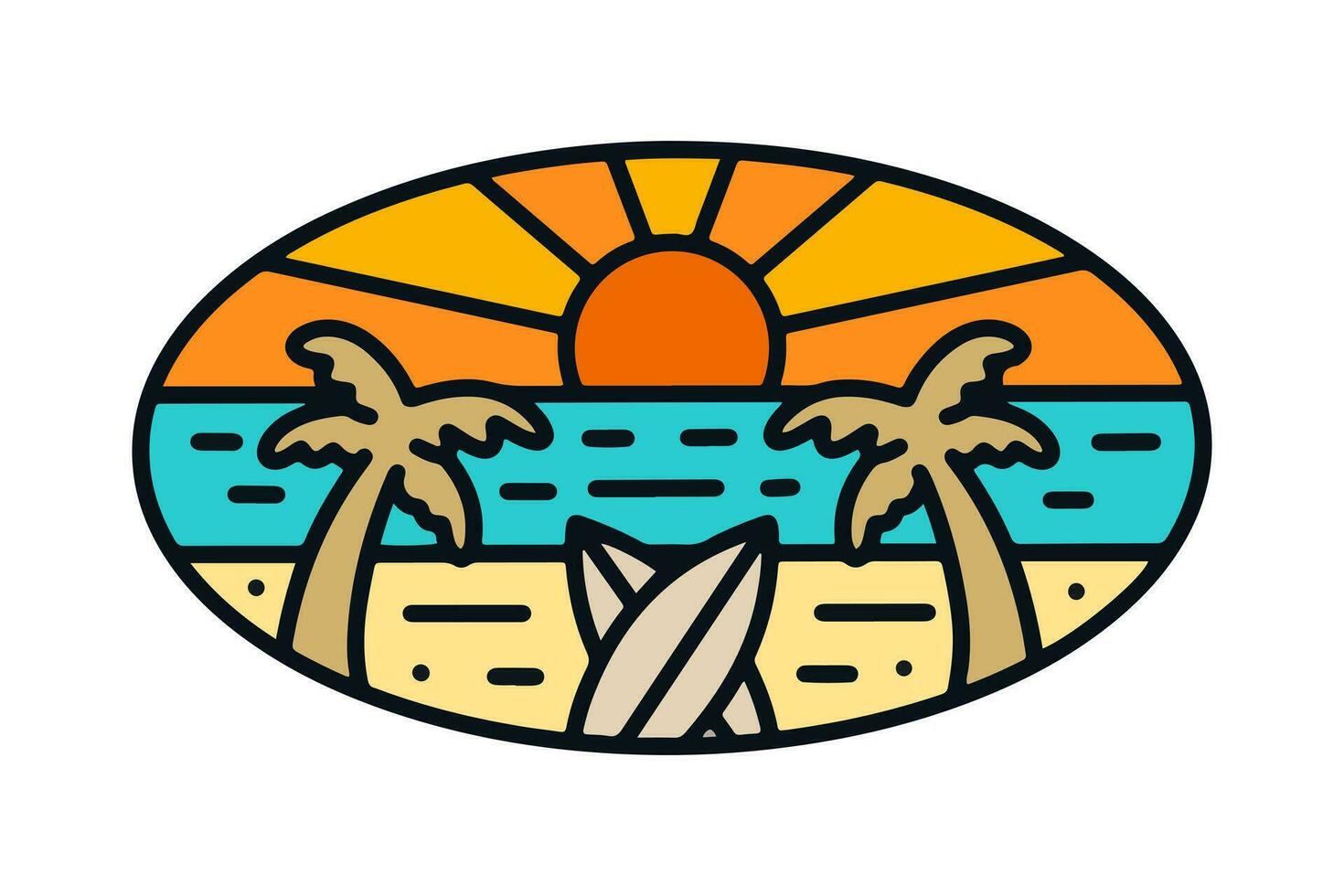 gemello di Noce di cocco albero e tavola da surf su il spiaggia nel mono linea design per maglietta, distintivo, e etichetta vettore illustrazione