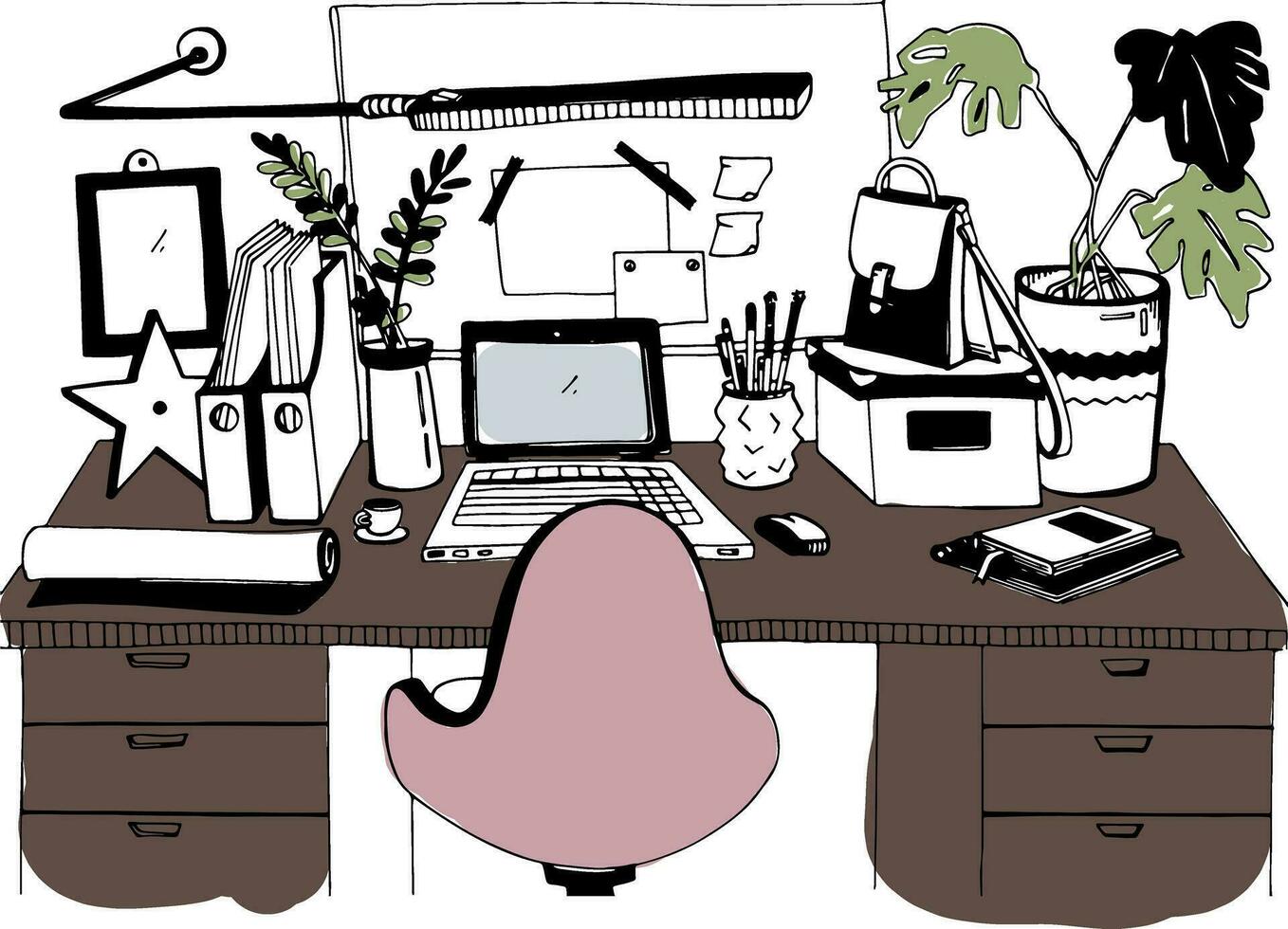 creativo moderno posto di lavoro con computer portatile, mano disegnato vettore illustrazione, schizzo stile.