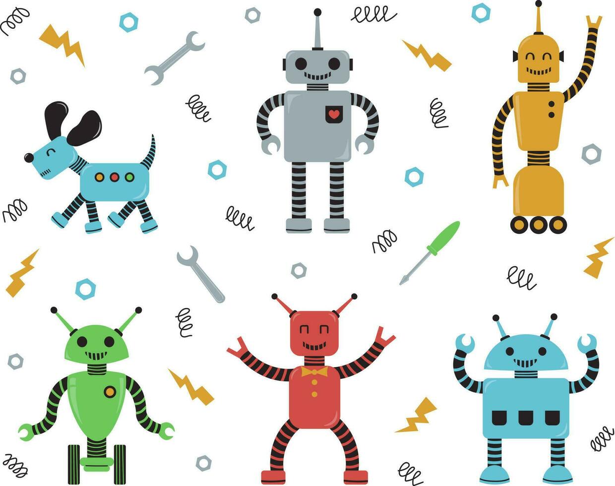 un' impostato di contento cartone animato figli di robot. carino cyborg, robot, androidi, sorridente personaggi vettore