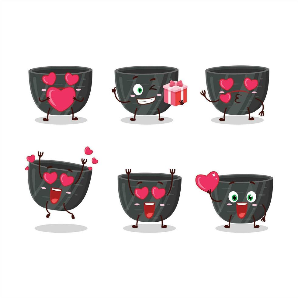 nero ceramica ciotola cartone animato personaggio con amore carino emoticon vettore