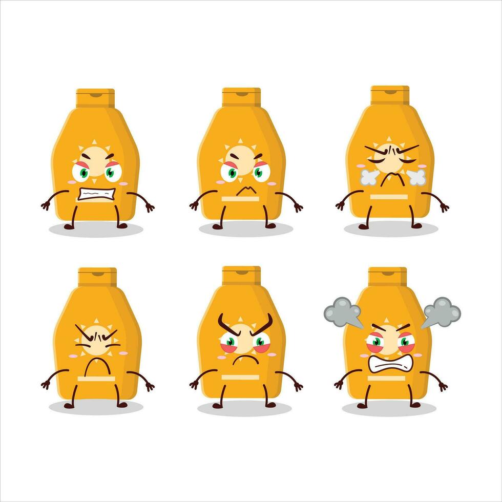lozione crema solare cartone animato personaggio con vario arrabbiato espressioni vettore