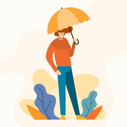 Flat Modern Boy is holding umbrella Vector Illustration