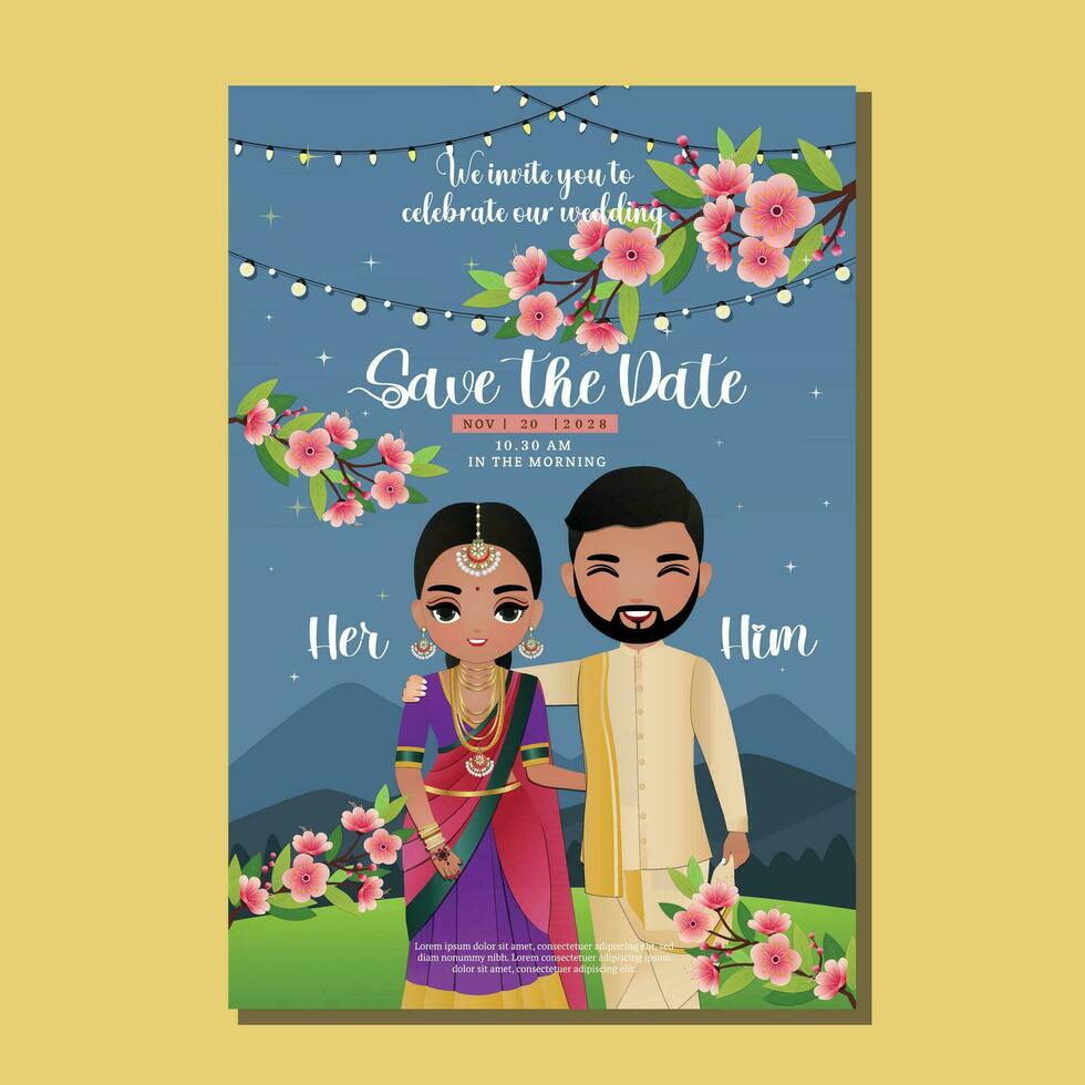 carta di invito a nozze la sposa e lo sposo coppia carina nel personaggio dei cartoni animati abito tradizionale indiano. illustrazione vettoriale