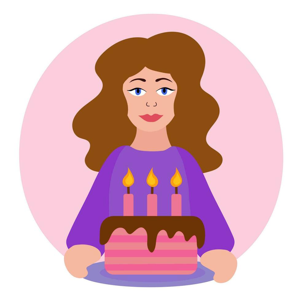 compleanno donna. ragazza Tenere piatto con compleanno torta, candele. vettore piatto illustrazione