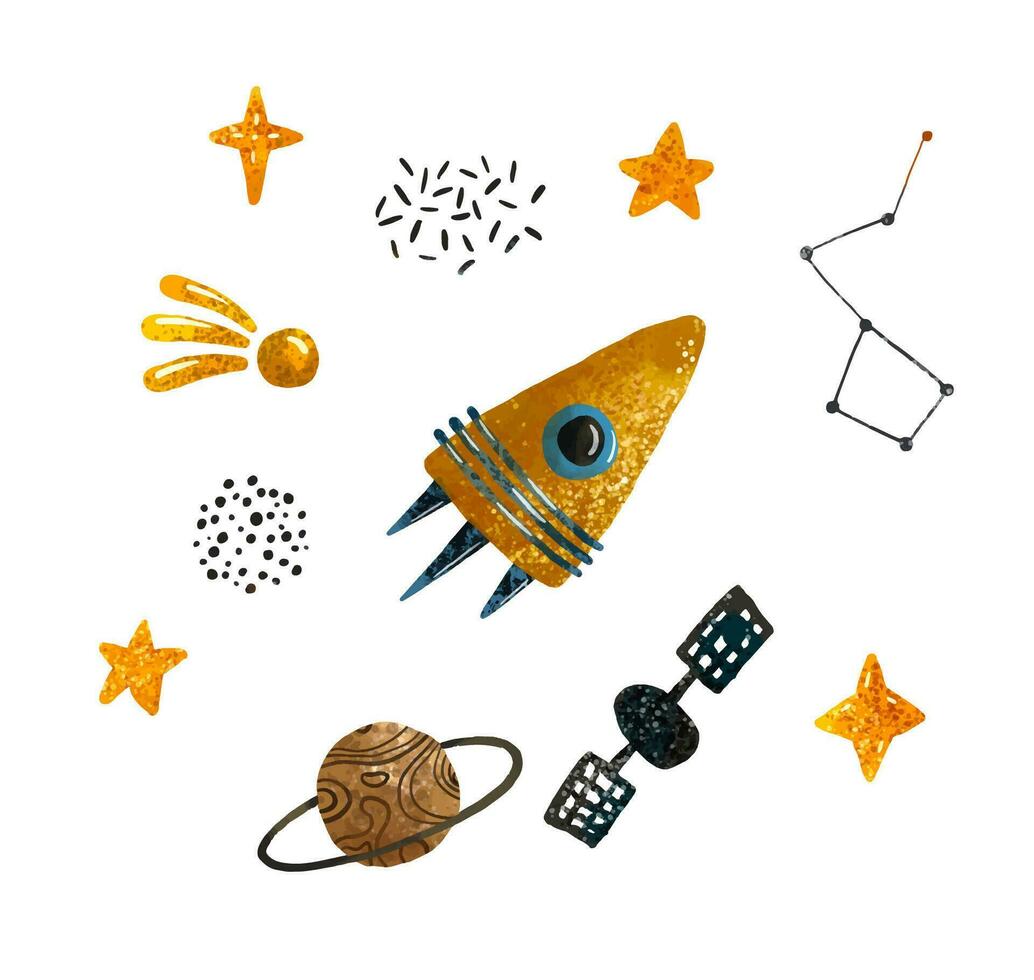 spazio illustrazione nel infantile stile. impostato di cosmo elementi come come razzo, stelle, asteroidi, ufo, comete, Luna, osteroide, stilizzato pianeti impostare. cosmico impostato vettore