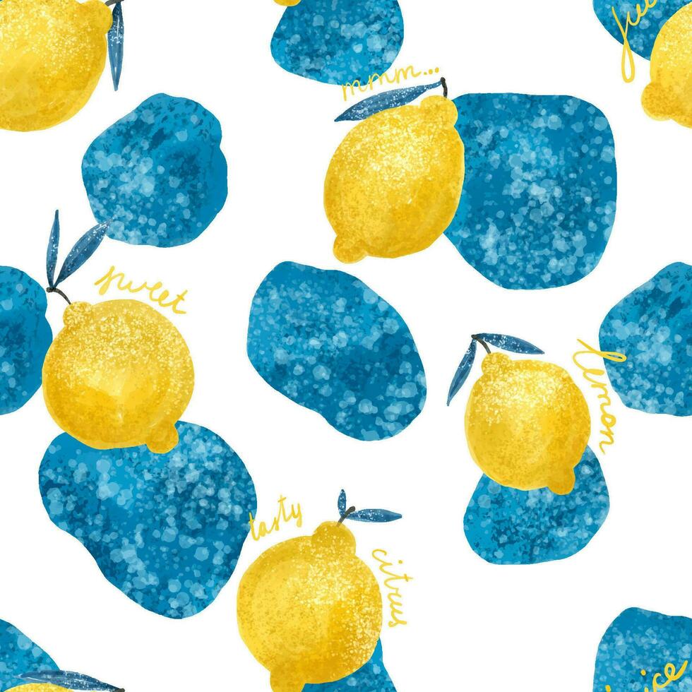 senza soluzione di continuità sfondo con luminosa giallo limoni. agrume design. divertente modello con frutta e blu macchie. vestiario, parete arte, tessile, Stampa, carta vettore