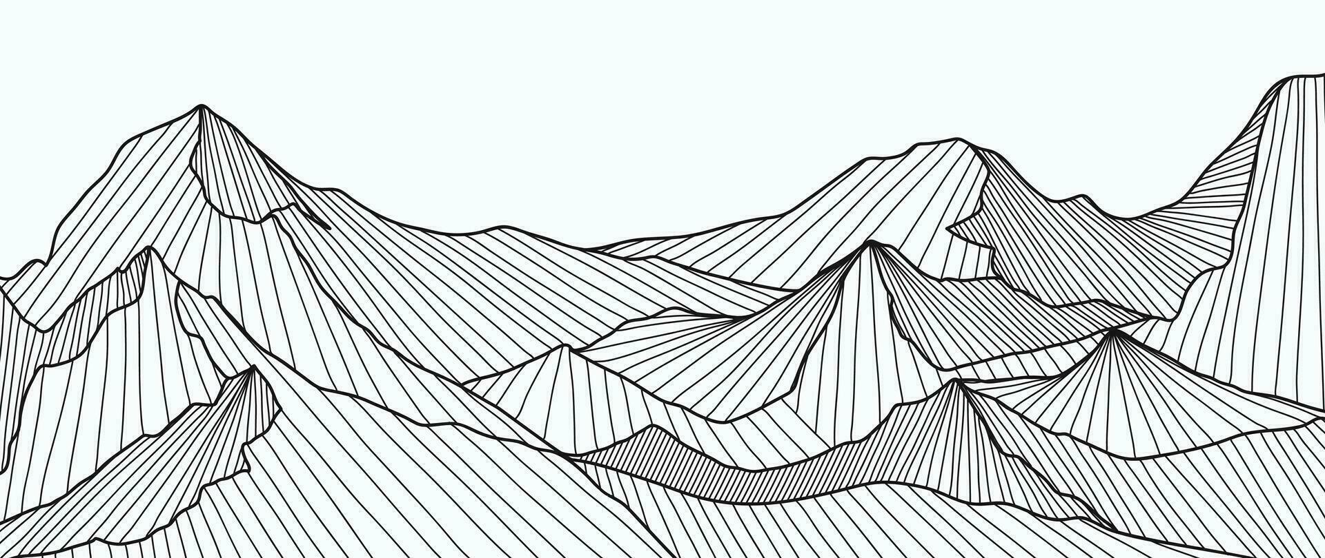 nero e bianca montagna linea arte sfondo. contorno disegno lusso panoramico paesaggio sfondo design illustrazione per coperchio, invito sfondo, confezione disegno, tessuto, bandiera e Stampa. vettore