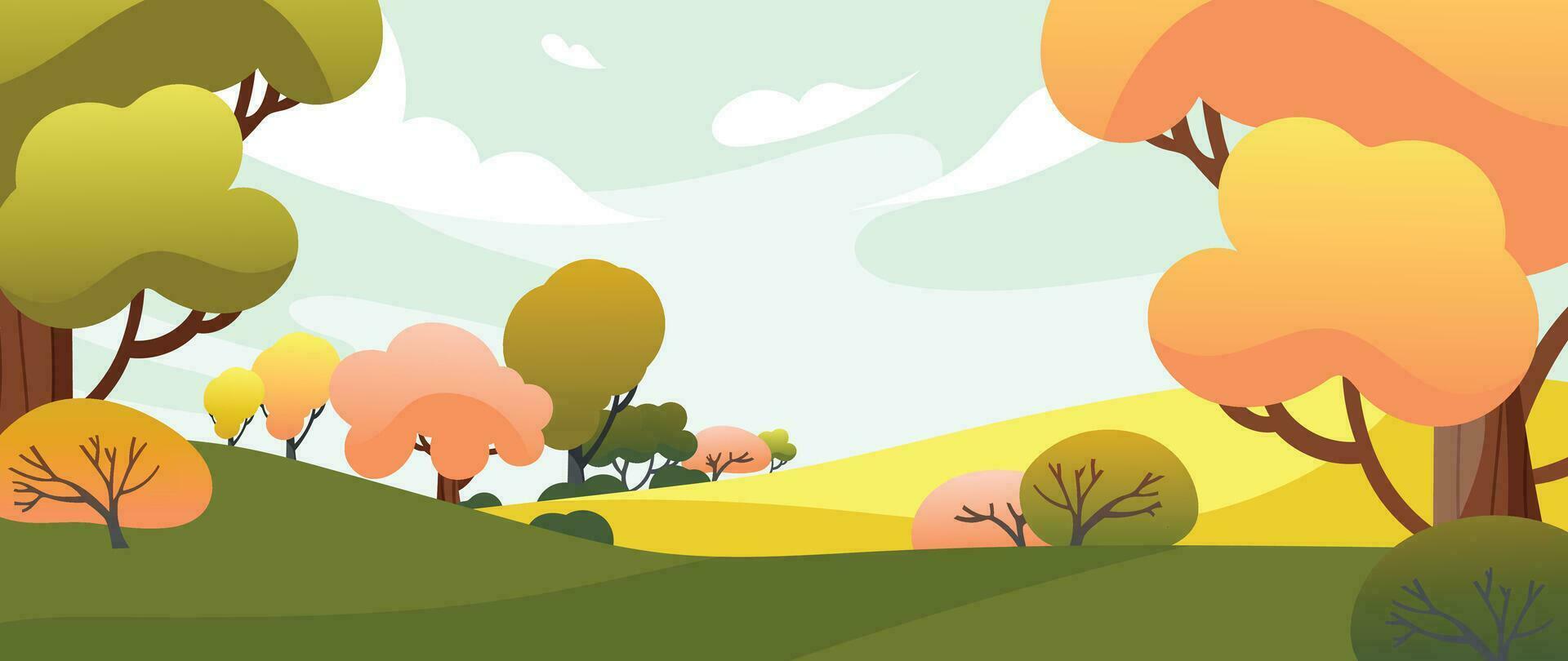 autunno natura e nazione paesaggio sfondo. di stagione illustrazione vettore di alberi, fiori, campo, montagna, parco, nube, erba. design per striscione, manifesto, sfondo, decorazione, carta.
