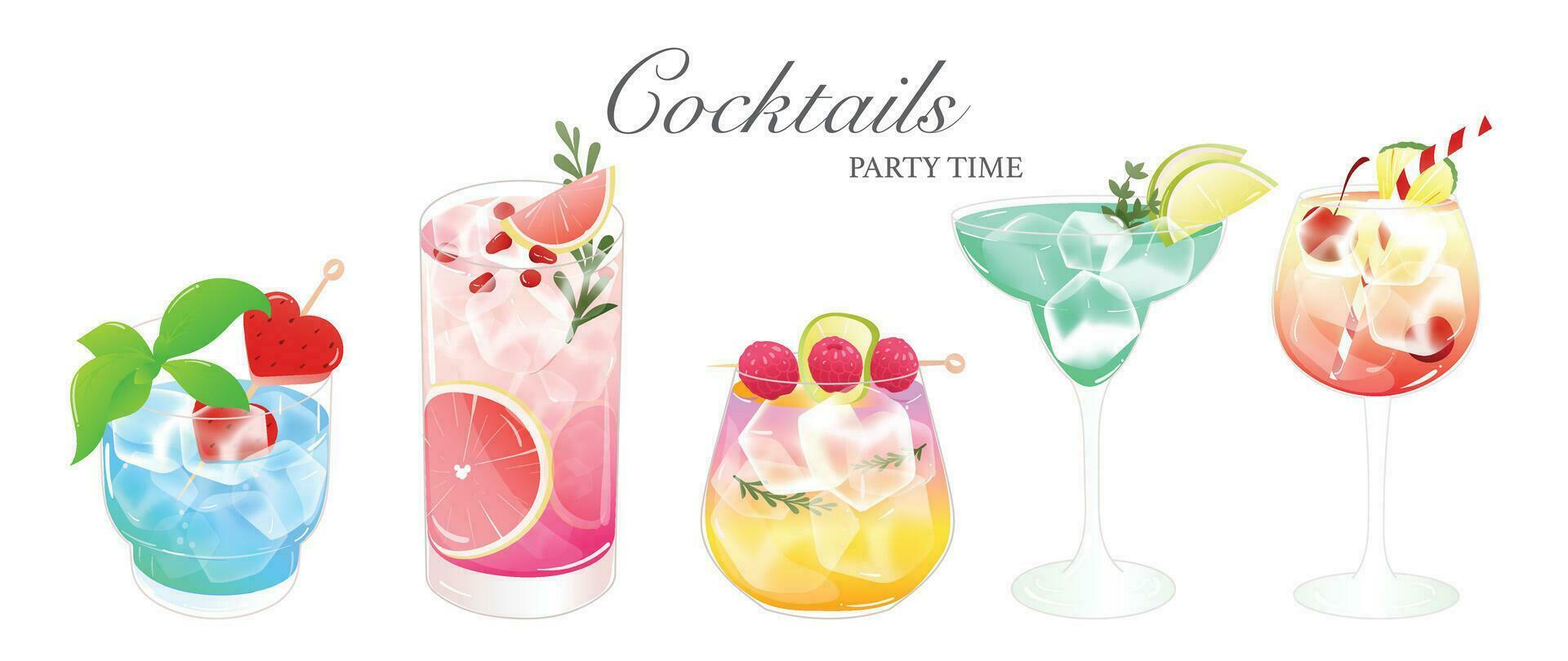 impostato di cocktail bevande speciale promozioni design. alcool bevanda, fresco delizioso bevande, scintillante acqua, estate succo nel diverso occhiali. classico cocktail vettore per annuncio, menù, manifesto.