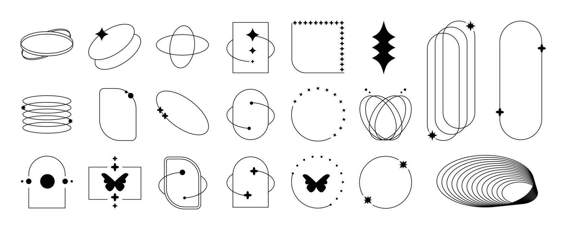 impostato di geometrico forme nel di moda anni 90 stile. nero di moda design con telaio, scintillii, la farfalla, fiore, Linee. y2k estetico elemento illustrato per striscioni, sociale media, manifesto disegno, etichetta. vettore